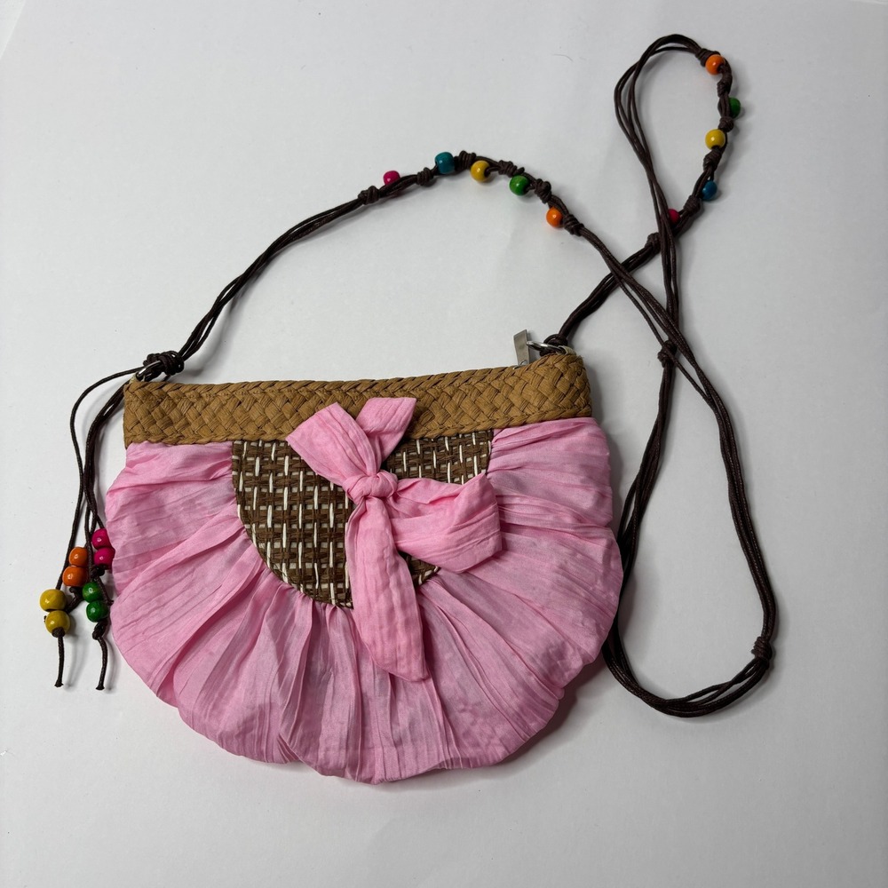 Pink Ruffle‎ Straw Mini Crossbody Bag Beaded Strap Boho Girlhood Core Coquette